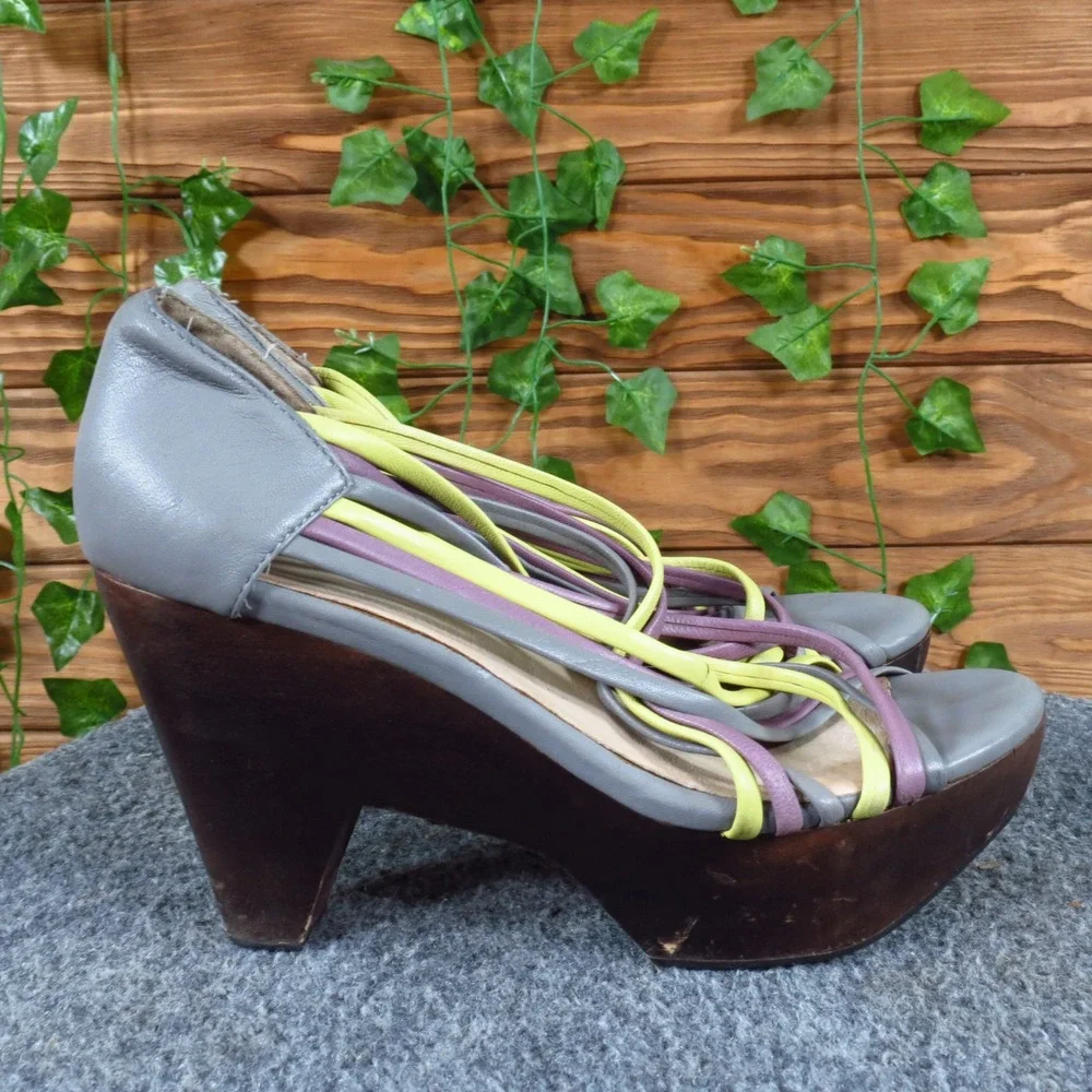 FarylRobin Women Heel‎ Size 6.5 Fashion Strappy Platform Grey Yellow Leather